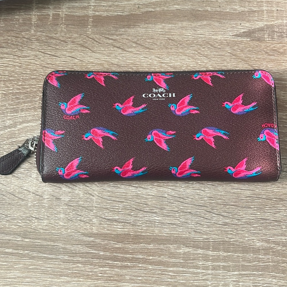 COACH Happy Bird Zip Double Sided Wallet Brown Burgundy Pink Blue - Used - GC